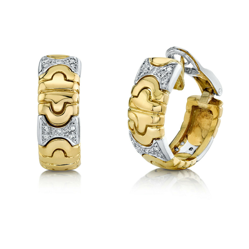 Italian Huggie Hinged Hoop Earrings with Diamond 18K Yellow Gold