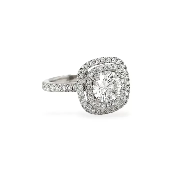 Round Brilliant Diamond and Double Halo Engagement Ring 2.05 ctw in Platinum