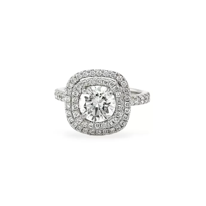 Round Brilliant Diamond and Double Halo Engagement Ring 2.05 ctw in Platinum