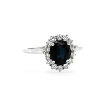 Natural Dark Blue Sapphire and Diamond Halo Ring in 14K White Gold