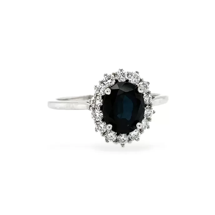 Natural Dark Blue Sapphire and Diamond Halo Ring in 14K White Gold