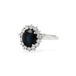 Natural Dark Blue Sapphire and Diamond Halo Ring in 14K White Gold