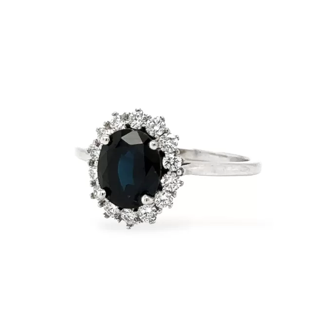 Natural Dark Blue Sapphire and Diamond Halo Ring in 14K White Gold