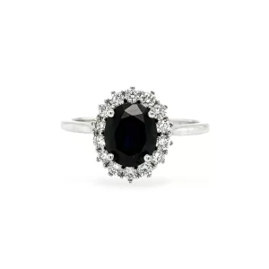 J5143 Natural Dark Blue Sapphire and Diamond Halo Ring in 14K White Gold