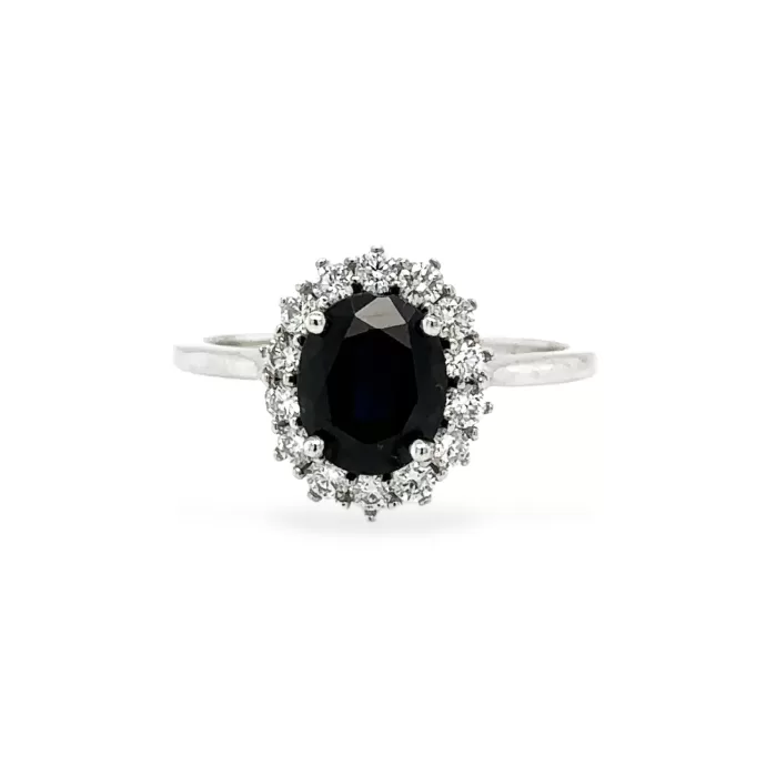 Natural Dark Blue Sapphire and Diamond Halo Ring in 14K White Gold