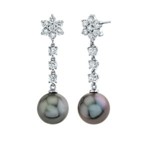 Tahitian Cultured Pearl and Diamond Drop Earrings 1.61 carats in 14K White Gold