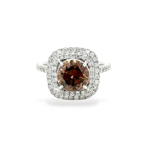 J4300 Fancy Dark Brown Round Brilliant Diamond and Double Halo Ring Set in Platinum