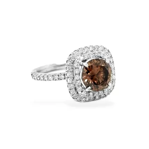 Fancy Dark Brown Round Brilliant Diamond and Double Halo Ring Set in Platinum