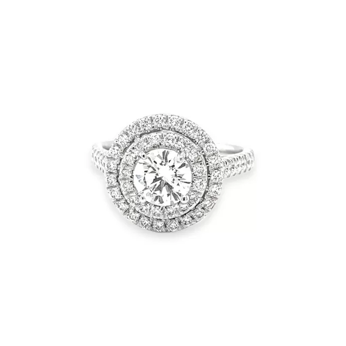 Round Brilliant Diamond with Double Halo Engagement Ring 2.06 ctw in 18K White Gold
