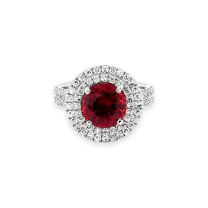 J5237 Chatham Ruby and Diamond Double Halo Engagement Ring 3.36 ctw in Platinum