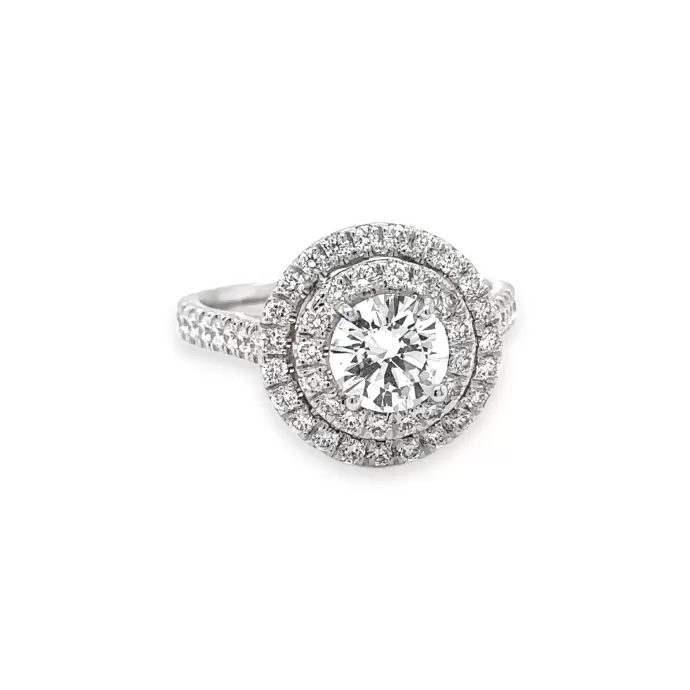 Round Brilliant Diamond with Double Halo Engagement Ring 2.06 ctw in 18K White Gold