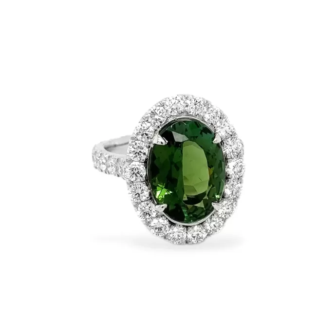 Oval Green Tourmaline and Diamond Ring 7.08 ctw Set in Platinum