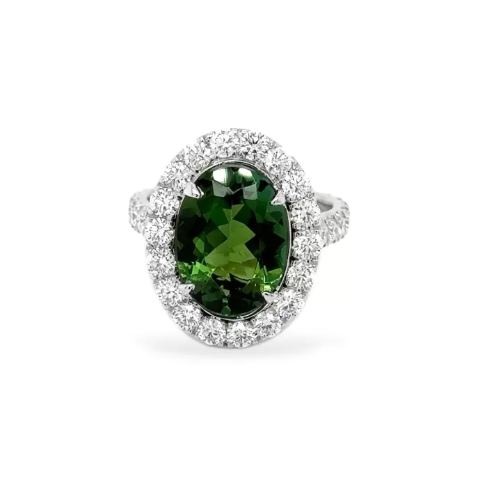 Oval Green Tourmaline and Diamond Ring 7.08 ctw Set in Platinum