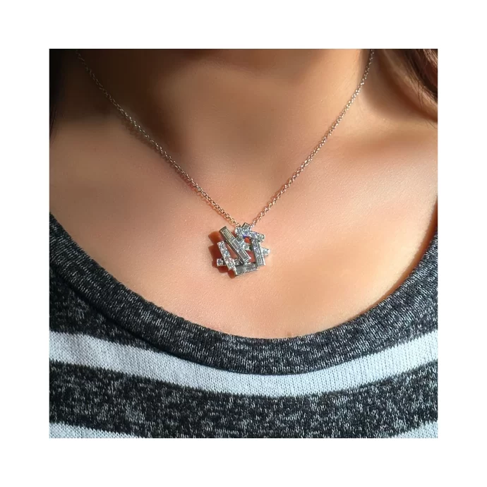 Baguettes and Round Diamond Necklace in 18K White Gold