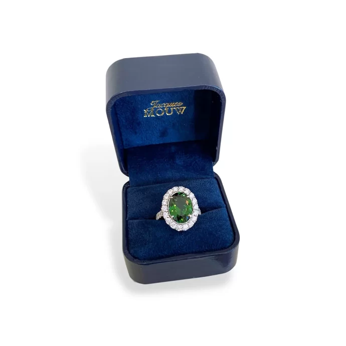 Oval Green Tourmaline and Diamond Ring 7.08 ctw Set in Platinum