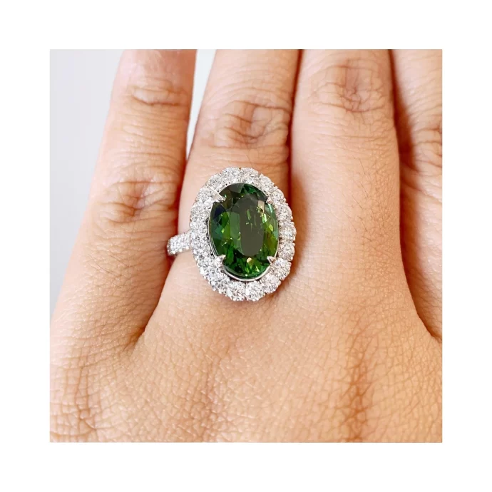 Oval Green Tourmaline and Diamond Ring 7.08 ctw Set in Platinum