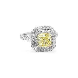 Fancy Yellow Radiant Diamond Double Halo Ring 1.98 ctw in 18K Yellow Gold & 18K White Gold