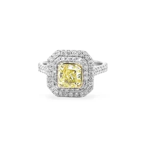J5640 Fancy Yellow Radiant Diamond Double Halo Ring 1.98 ctw in 18K Yellow Gold & 18K White Gold