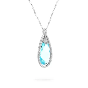 J5469 Sky Blue Pear-shaped Topaz and Diamond Pendant in 18K White Gold