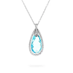 Sky Blue Pear-shaped Topaz and Diamond Pendant in 18K White Gold