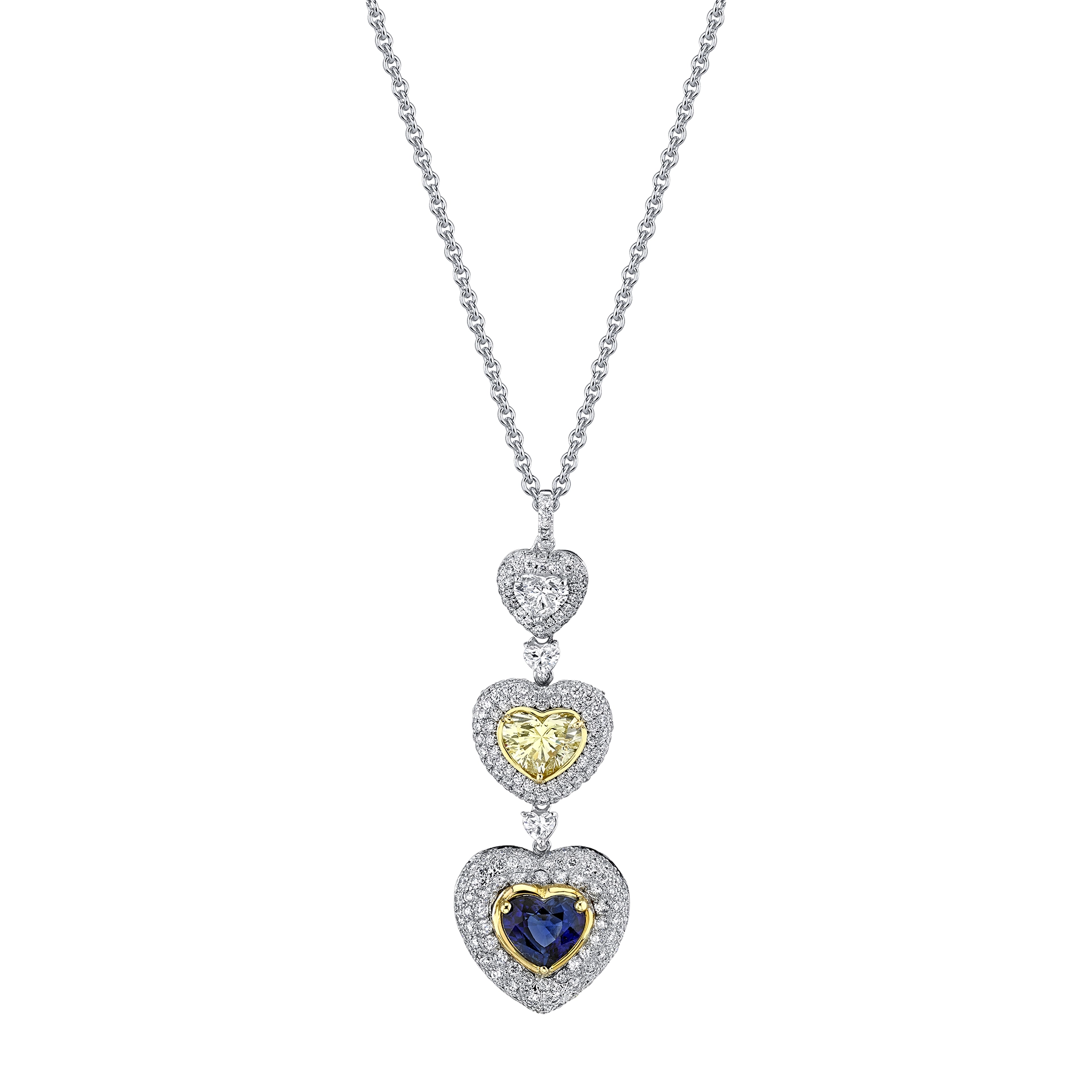 Blue Sapphire, Yellow Diamond, White Diamond Heart Necklace by Jacques Mouw Precious Jewels