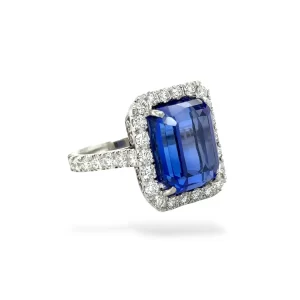 Natural Tanzanite and Diamond Halo Ring in Platinum