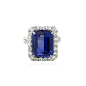 J5803 Natural Tanzanite and Diamond Halo Ring in Platinum
