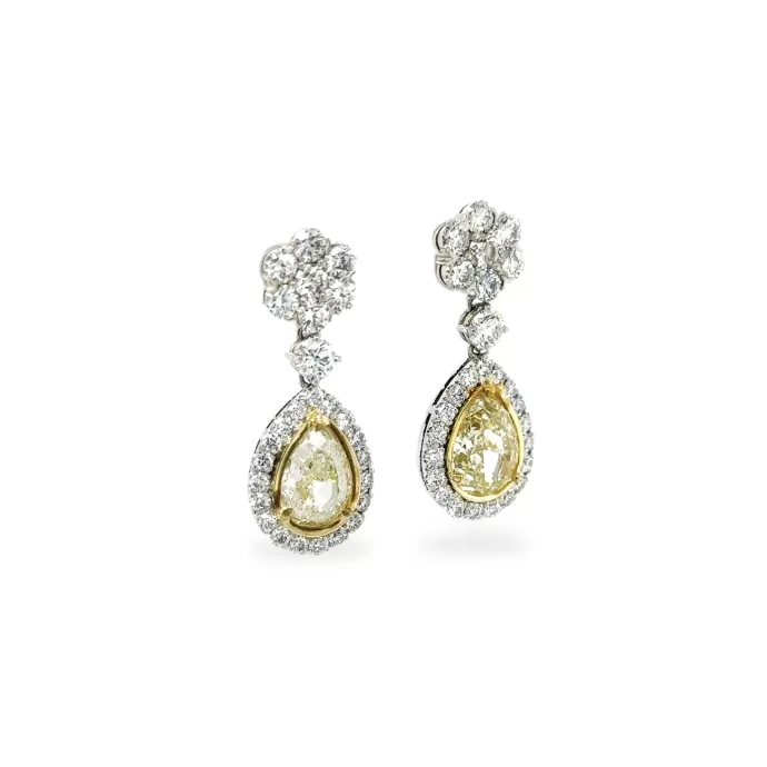 Yellow Diamond Pear-shaped and Flower Diamond Drop Earrings in Platinum & 18K Yellow Gold