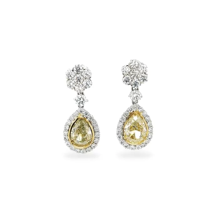 Yellow Diamond Pear-shaped and Flower Diamond Drop Earrings in Platinum & 18K Yellow Gold