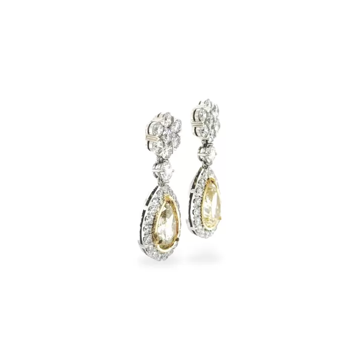 Yellow Diamond Pear-shaped and Flower Diamond Drop Earrings in Platinum & 18K Yellow Gold