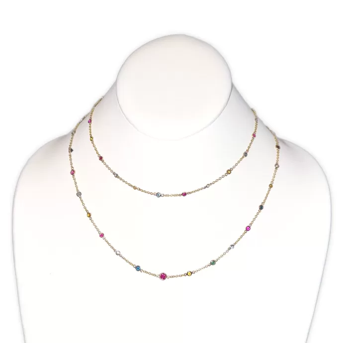 Diamonds & Multi-color Gemstone Station Necklace, 4.31 ctw in 18K Yellow Gold
