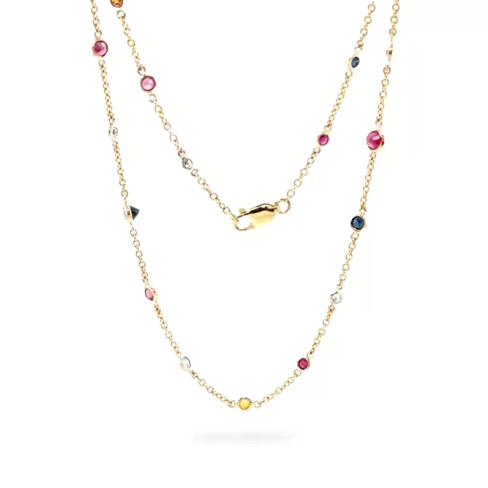 Diamonds & Multi-color Gemstone Station Necklace, 4.31 ctw in 18K Yellow Gold