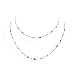 J5834 Diamond and Multi Color Gemstone 32" Station Necklace in 14K Yellow Gold