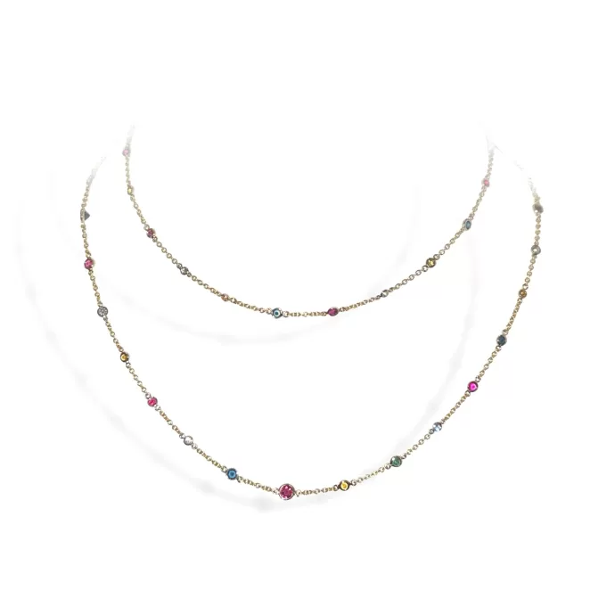 Diamonds & Multi-color Gemstone Station Necklace, 4.31 ctw in 18K Yellow Gold