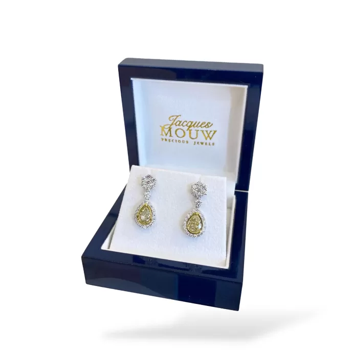 Yellow Diamond Pear-shaped and Flower Diamond Drop Earrings in Platinum & 18K Yellow Gold