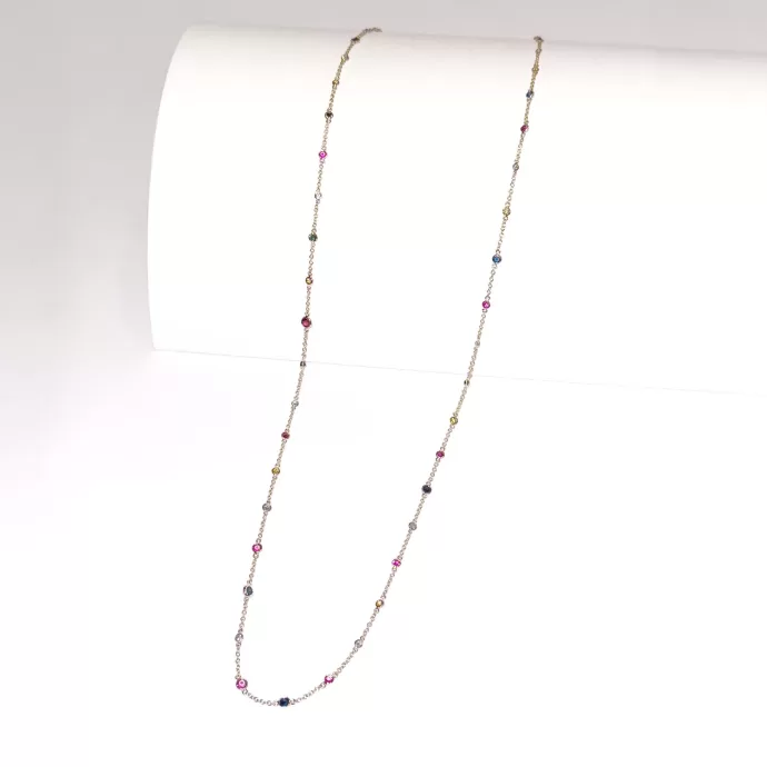 Diamonds & Multi-color Gemstone Station Necklace, 4.31 ctw in 18K Yellow Gold