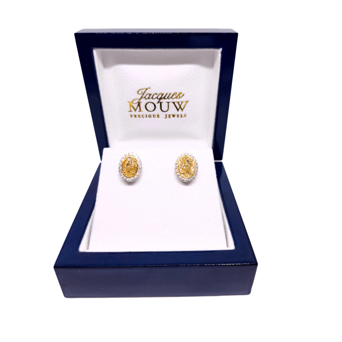 Diamond Yellow Oval Halo Stud Earrings 3.13 Carats in Platinum and 18K Yellow Gold with GIA Certificate