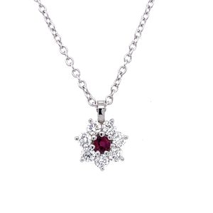 Diamond Floral Halo and Round Ruby in 18K White Gold