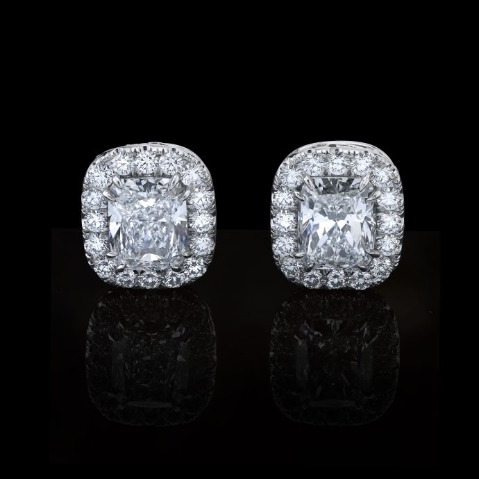 Cushion Cut Natural Diamond Earrings 14.13 carats F Color VS Clarity. 3.95 Carats Small Diamonds. Platinum. GIA
