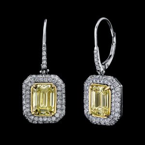 Yellow Diamond Emerald Cut Earrings 5.24 carats VVS Clarity. 1.68 Carats Small Diamonds. Plat/18K Natural GIA