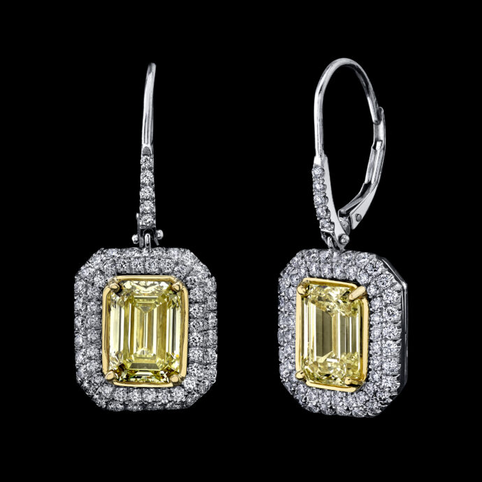 Yellow Diamond Emerald Cut Earrings 5.24 carats VVS Clarity. 1.68 Carats Small Diamonds. Plat/18K Natural GIA