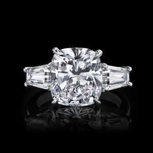 Diamond Cushion Cut 5.59 carats Engagement Ring with Tapered Baguette. Platinum. GIA