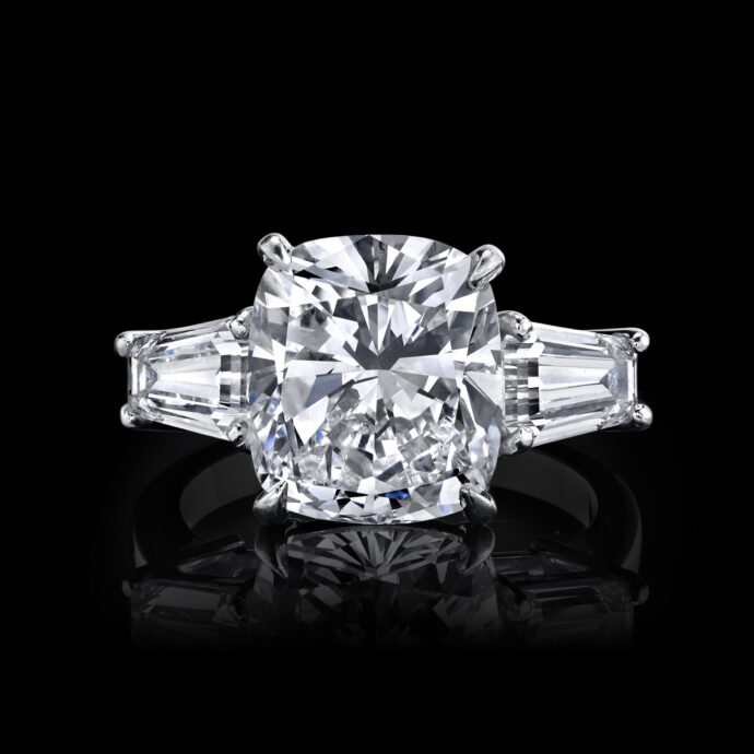 Diamond Cushion Cut 5.59 carats Engagement Ring with Tapered Baguette. Platinum. GIA