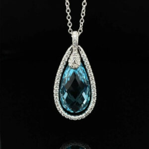 Diamond and Natural Sky Blue Pear Topaz Pendant 18k White Gold