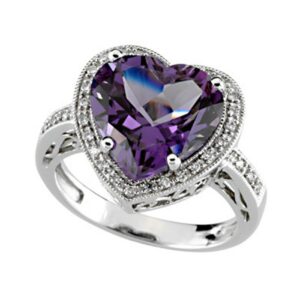 Natural Heart Amethyst and Diamond Ring 14K White Gold