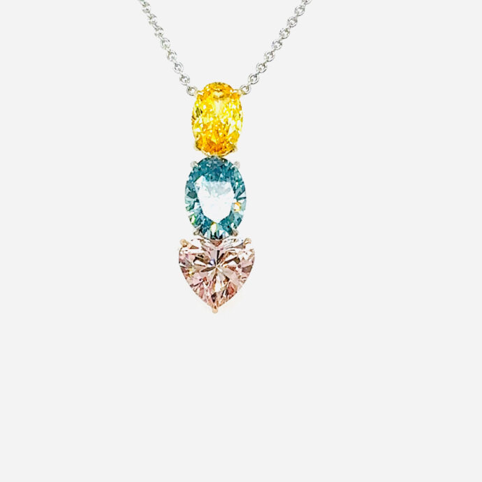 Diamond Necklace. Fancy Vivid Pink ,Blue, and Yellow. 8.79 carats Lab Grown IGI