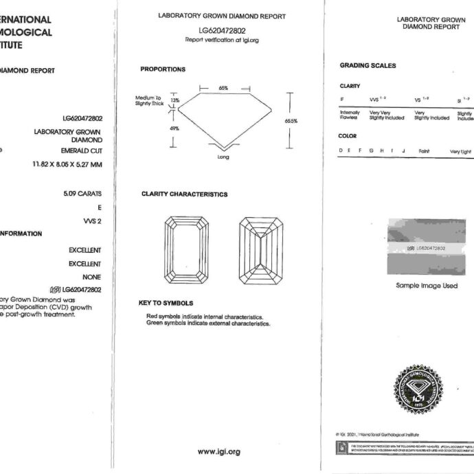 Emerald Cut Diamond 5.09 Carats E VVS2 Set with 2 Trapezoids 2.11 cts Lab Grown