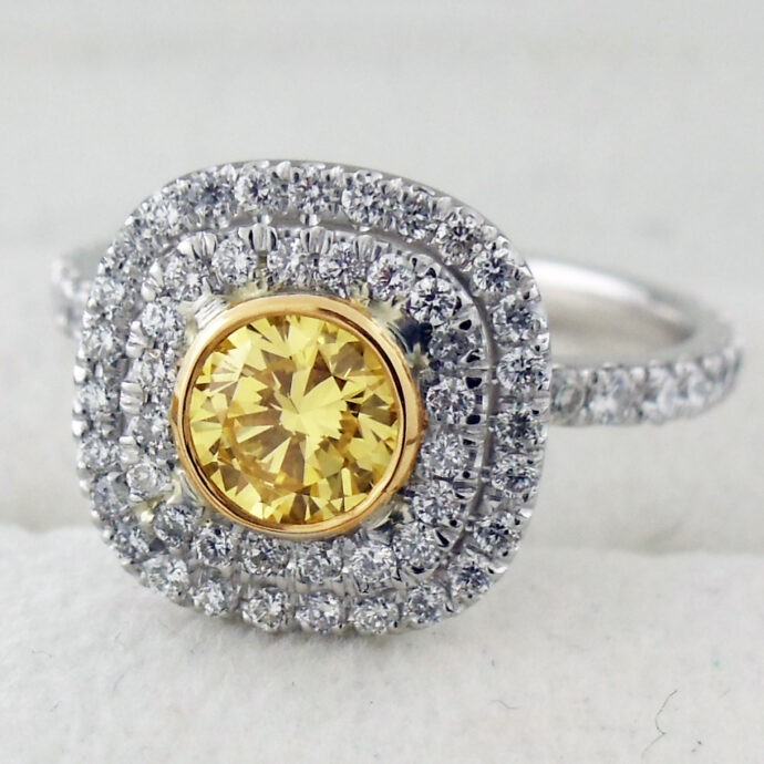 Fancy Intense Yellow Diamond Ring 1.35 Carat Total Weight Plat/18KYG Natural GIA