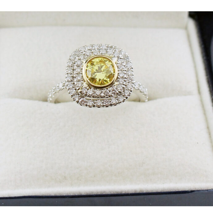 Fancy Intense Yellow Diamond Ring 1.35 Carat Total Weight Plat/18KYG Natural GIA