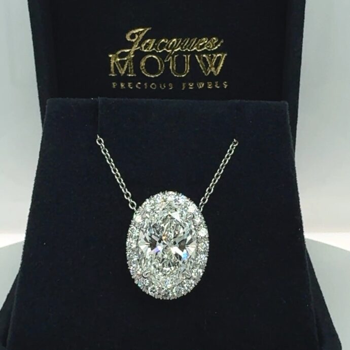 Oval Diamond Necklace 6.83 Carats Center 0.75 cts. Halo IGI Cert Plat Lab Grown